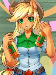 Size: 700x933 | Tagged: safe, artist:racoonsan, derpibooru import, applejack, equestria girls, equestria girls (movie), applejack's hat, belt, bottle, canterlot high, clothes, cowboy hat, denim skirt, female, freckles, gymnasium, hat, looking at you, ponied up, pony ears, shirt, skirt, smiling, solo