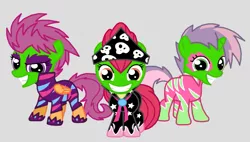 Size: 763x432 | Tagged: apple bloom, artist:death-driver-5000, bandana, clothes, cutie mark crusaders, derpibooru import, face paint, gray background, safe, scootaloo, show stopper outfits, simple background, sweetie belle, the mask, the show stoppers