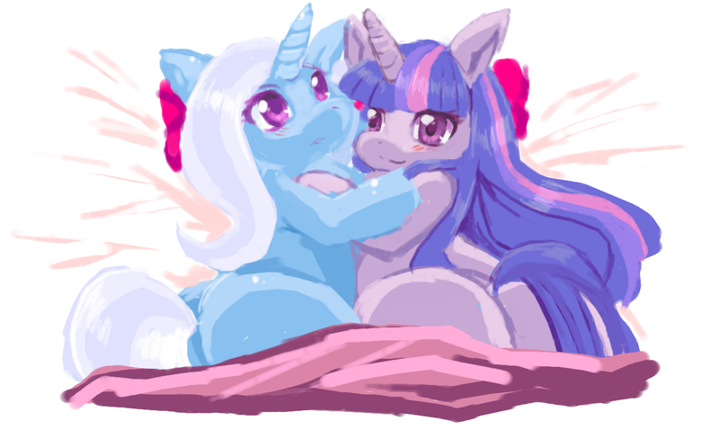 Size: 1258x767 | Tagged: artist:wakasumire, bed, blushing, derpibooru import, female, lesbian, pixiv, plot, plot pair, shipping, suggestive, trixie, twilight sparkle, twixie