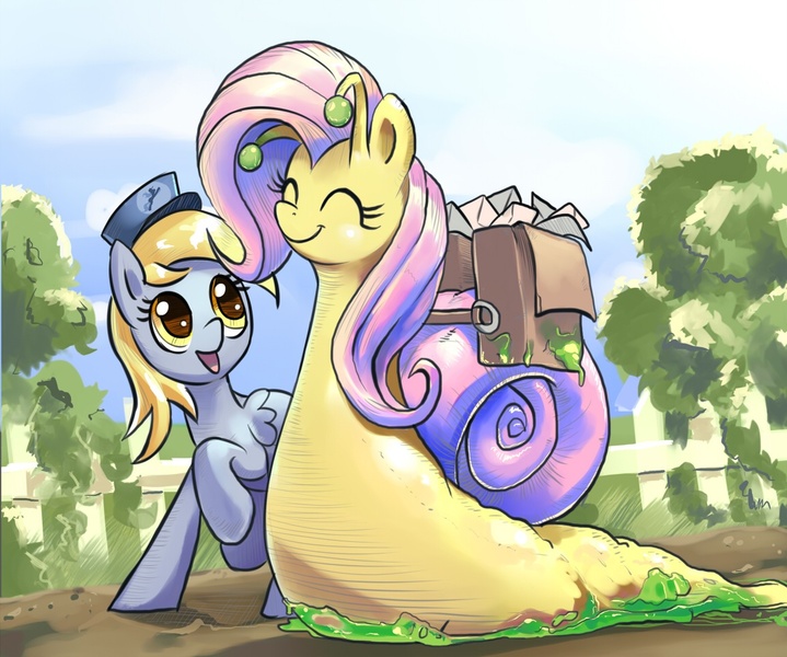 Size: 1150x959 | Tagged: artist:gsphere, derpibooru import, derpy hooves, fluttershy, fluttersnail, mail, monster mare, original species, pun, safe, smiling, snail, snail mail, snail pony, species swap, underp, visual pun, wat