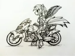Size: 3264x2448 | Tagged: safe, artist:theonlycountfilth, derpibooru import, rainbow dash, pegasus, pony, semi-anthro, amputee, augmented, female, mare, monochrome, motorcycle, profile, prosthetic limb, prosthetic wing, prosthetics, simple background, sitting, solo, spread wings, traditional art, white background, wings