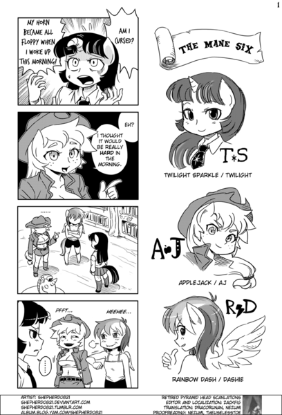 Size: 700x1030 | Tagged: 4koma, anthro, applejack, artist:shepherd0821, comic, comic:friendship is 4komagic, derpibooru import, fanbook, innuendo, i see what you did there, lip bite, meme, morning wood, poison joke, rage face, rainbow dash, scene interpretation, suggestive, translation, twilight flopple, twilight sparkle