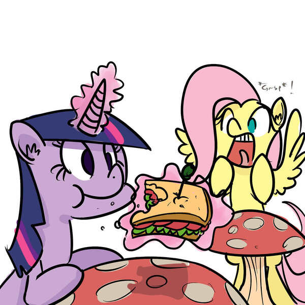 Size: 1280x1280 | Tagged: artist:whydomenhavenipples, derpibooru import, eating, female, fluttershy, gasp, magic, omnivore twilight, ponies eating meat, safe, sandwich, scared, table, tomato, twilight sparkle, voyeur