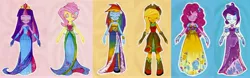Size: 6647x2075 | Tagged: safe, artist:antych, derpibooru import, applejack, fluttershy, pinkie pie, rainbow dash, rarity, twilight sparkle, equestria girls, bare shoulders, beautiful, clothes, dress, fall formal outfits, line-up, mane six, sleeveless, strapless