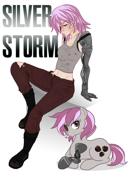 Size: 1035x1390 | Tagged: safe, artist:the-orator, derpibooru import, oc, oc:hired gun, unofficial characters only, cyborg, earth pony, human, pony, fallout equestria, fallout equestria: heroes, amputee, belly button, eyepatch, female, humanized, mare, midriff, prosthetic arm, prosthetic leg, prosthetic limb, prosthetics, solo