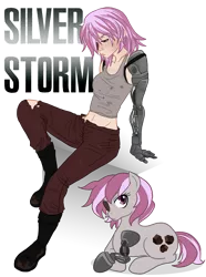 Size: 1035x1390 | Tagged: safe, artist:the-orator, derpibooru import, oc, oc:hired gun, unofficial characters only, cyborg, earth pony, human, pony, fallout equestria, fallout equestria: heroes, amputee, belly button, eyepatch, female, humanized, mare, midriff, prosthetic arm, prosthetic leg, prosthetic limb, prosthetics, solo