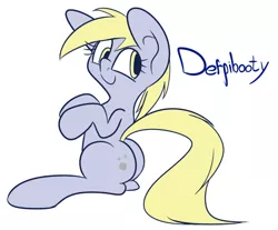 Size: 714x590 | Tagged: safe, artist:extradan, derpibooru import, derpy hooves, pegasus, pony, buttcheeks, female, mailmare, mailpony, mare, plot, sitting, solo