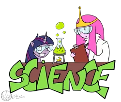 Size: 1553x1312 | Tagged: safe, artist:aeritus, derpibooru import, twilight sparkle, pony, adventure time, crossover, curved horn, female, goggles, mare, princess bubblegum, science, simple background, smiling, that pony sure does love science, transparent background