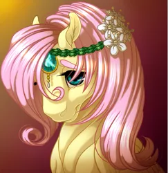 Size: 915x941 | Tagged: artist:kittehkatbar, derpibooru import, floral head wreath, fluttershy, portrait, safe, solo, thick eyebrows