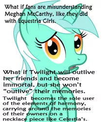 Size: 436x504 | Tagged: safe, derpibooru import, lyra heartstrings, pony, unicorn, alicorn drama, bad idea, conspiracy, conspiracy lyra, conspiracy theory, drama, exploitable meme, immortality blues, looking at you, meghan mccarthy, meme, open mouth, simple background, solo, white background