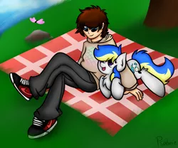 Size: 1500x1250 | Tagged: artist:iroxykun, artist:psalmie, chest fluff, derpibooru import, duo, human, human on pony snuggling, oc, oc:psalm, picnic blanket, prone, safe, sitting, snuggling, unofficial characters only