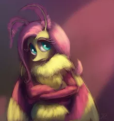 Size: 700x745 | Tagged: safe, artist:raikoh, derpibooru import, fluttershy, anthro, moth, mothpony, original species, crossed arms, fluffy, fluttermoth, frown, looking at you, rosy maple moth, solo, species swap