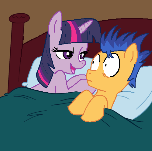 Size: 500x499 | Tagged: safe, artist:jcking101, artist:madmax, derpibooru import, edit, flash sentry, twilight sparkle, pony, aftersex ponies, bed, bedroom eyes, female, flashlight, frown, implied sex, male, morning after, on back, open mouth, pillow, sheet, shipping, smiling, straight, surprised, wide eyes