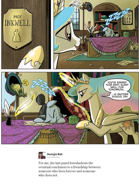 Size: 960x1276 | Tagged: safe, derpibooru import, idw, princess celestia, professor inkwell, alicorn, frog, pony, unicorn, spoiler:comic, spoiler:comicm08, blanket, feels, female, food, georgia ball, glowing horn, hat, immortality blues, inkwell, levitation, magic, magic aura, mare, quill, sleeping, tea, telekinesis, z, zzz