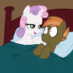 Size: 500x500 | Tagged: safe, artist:jcking101, artist:madmax, derpibooru import, edit, button mash, sweetie belle, pony, female, implied sex, male, morning after, older, pillow, shipping, straight, surprised, sweetiemash, wide eyes