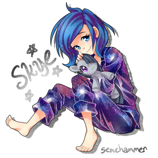 Size: 800x800 | Tagged: artist:semehammer, barefoot, clothes, derpibooru import, doll, feet, human, humanized, looking at you, marble pie, oc, oc:skye, pajamas, safe, sitting, smiling, solo, unofficial characters only