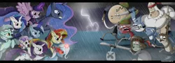 Size: 4223x1530 | Tagged: safe, artist:the-butch-x, derpibooru import, lyra heartstrings, minuette, princess luna, rarity, sunset shimmer, sweetie belle, trixie, twilight sparkle, twilight sparkle (alicorn), vinyl scratch, alicorn, pony, baseball bat, benson, crossover, epic, female, fight, gun, hammer, high-five ghost, knife, mare, mordecai, mordecai and rigby, muscle man, ponies riding ponies, pops, rain, regular show, revolver, riding, rigby, shotgun, skips, torch, ultimate showdown of ultimate destiny
