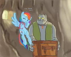 Size: 1300x1050 | Tagged: safe, artist:lemon, derpibooru import, rainbow dash, diamond dog, pegasus, pony, accessory swap, cart, cave, clothes, crack shipping, cute, dashabetes, female, gem, happy, male, mine, straight, vest, working