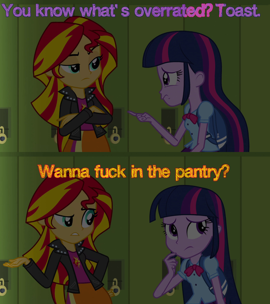 Size: 1280x1440 | Tagged: suggestive, derpibooru import, edit, edited screencap, screencap, sunset shimmer, twilight sparkle, equestria girls, caption, cards against equestria girls, female, image macro, implied sex, lesbian, meme, shipping, sunsetsparkle, vulgar