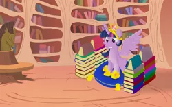 Size: 3200x2000 | Tagged: safe, artist:xonxt, derpibooru import, twilight sparkle, twilight sparkle (alicorn), alicorn, pony, big crown thingy, book, book fort, bookcase, bookhorse, bookshelf, female, frown, golden oaks library, gritted teeth, library, mare, nervous, pillow, sitting, spread wings, sweat, that pony sure does love books, throne