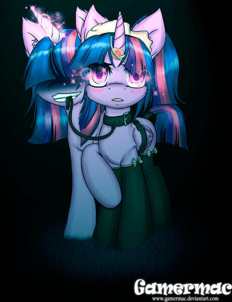 Size: 1140x1488 | Tagged: semi-grimdark, artist:gamermac, derpibooru import, rainbow dash, twilight sparkle, twilight sparkle (alicorn), alicorn, pony, blood, bondage, brainwashing, collar, dark, female, grin, leash, lesbian, magic, mare, mind control, roleplaying, twidash