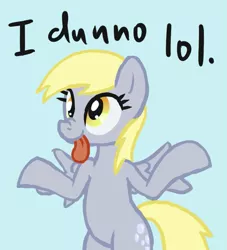 Size: 779x859 | Tagged: safe, artist:arrkhal, derpibooru import, derpy hooves, pegasus, pony, :p, blue background, dialogue, hilarious in hindsight, i dunno lol, nose wrinkle, reaction image, shrug, simple background, smiling, solo, spread wings, tongue out