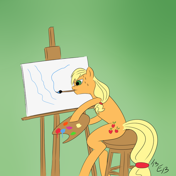 Size: 1995x1995 | Tagged: applejack, artist:eccentric bloodstone, derpibooru import, easel, mouth hold, paintbrush, painting, safe, sitting, solo