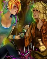 Size: 782x980 | Tagged: alcohol, applejack, artist:rayna-crazy, derpibooru import, drink, fanfic, human, humanized, rainbow dash, safe