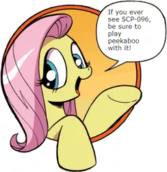 Size: 421x431 | Tagged: bad advice fluttershy, derpibooru import, exploitable meme, fluttershy, idw, meme, peekaboo, safe, scp-096, scp foundation, simple background, solo, this will end in pain, this will end in tears, this will end in tears and/or death, this will end with no remains, white background