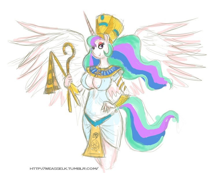 Size: 970x793 | Tagged: ancient egypt, anthro, artist:weasselk, breasts, busty princess celestia, cleavage, clothes, derpibooru import, dress, egyptian, female, pharaoh, princess celestia, questionable, simple background, solo, solo female