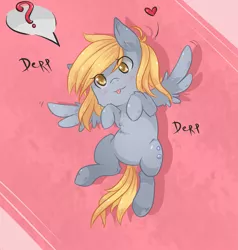 Size: 1265x1331 | Tagged: safe, artist:tomat-in-cup, derpibooru import, derpy hooves, pegasus, pony, :p, bellyrubs, cute, female, heart, mare, on back, question mark, solo, tongue out