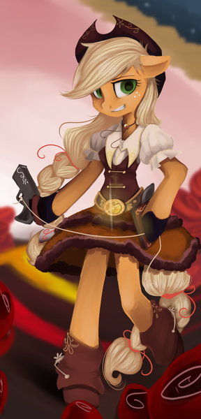 Size: 1372x2855 | Tagged: safe, artist:facerenon, derpibooru import, applejack, pony, semi-anthro, bipedal, clothes, gun, puella magi madoka magica, solo