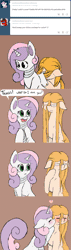 Size: 635x2231 | Tagged: safe, artist:fiddlearts, derpibooru import, sweetie belle, oc, oc:energy, earth pony, pony, robot, robot pony, unicorn, animated, ask, blushing, brown background, chest fluff, comic, cute, diasweetes, embarrassed, eyes closed, female, floppy ears, frown, future sweetie bot, gif, heart, hooves, horn, kiss on the cheek, kissing, lesbian, looking away, mare, older, open mouth, pointing, repairing, shipping, simple background, sitting, smiling, sweetie bot, teeth, tumblr, wall of tags, wavy mouth