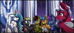 Size: 1600x709 | Tagged: safe, artist:inuhoshi-to-darkpen, derpibooru import, princess celestia, oc, oc:bright charger, oc:rightly doo, oc:shadow kicker, oc:steel striker, oc:swift blade, alicorn, pegasus, pony, fanfic, fanfic:the lunar rebellion, winningverse, fanfic art, guard