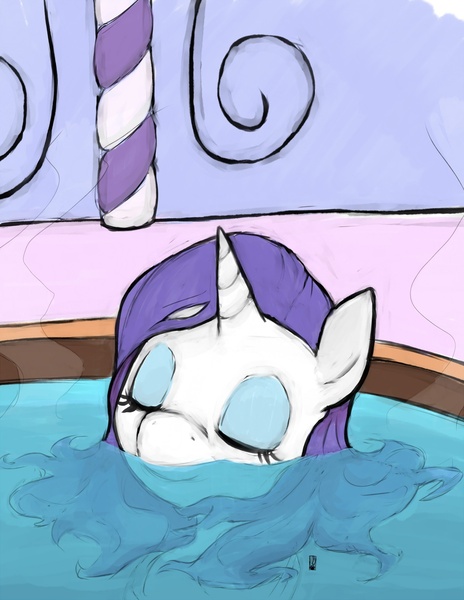 Size: 1393x1800 | Tagged: artist:inkwel-mlp, bath, derpibooru import, rarity, safe, solo, spa, water, wet, wet mane, wet mane rarity