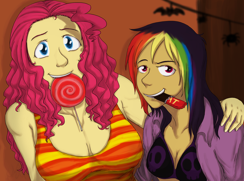 Size: 1000x743 | Tagged: safe, artist:cartoonlion, derpibooru import, pinkie pie, rainbow dash, human, futaverse, breasts, busty pinkie pie, candy, chocolate, cleavage, female, halloween, humanized, lesbian, lollipop, pinkiedash, shipping