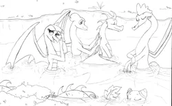Size: 941x584 | Tagged: artist:queencold, bathing, bush, derpibooru import, dragon, dragoness, lake, monochrome, oc, oc:flare, oc:huddle, oc:ivory, oc:kindle, safe, sketch, unofficial characters only, water