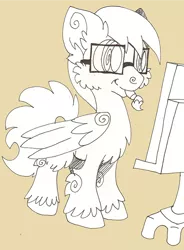 Size: 500x679 | Tagged: safe, artist:codtier, derpibooru import, oc, oc:aero spindash, unofficial characters only, fluffy, glasses, mouth hold, paintbrush, solo