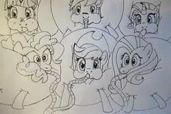 Size: 900x600 | Tagged: applejack, artist:rubber-sucker, balloon, derpibooru import, fluttershy, hose, inflation, mane six, pinkie pie, rainbow dash, rarity, safe, twilight sparkle