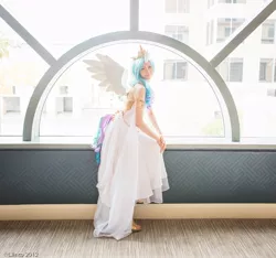 Size: 900x841 | Tagged: artist:cosmic-empress, backlighting, cosplay, derpibooru import, fanimecon, human, irl, irl human, photo, princess celestia, safe, solo, window