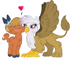 Size: 500x406 | Tagged: safe, artist:codtier, derpibooru import, gilda, little strongheart, gryphon, crack shipping, female, fluffy, gildaheart, heart, interspecies, kissing, lesbian, shipping