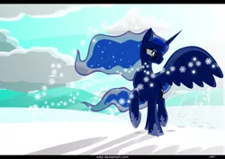 Size: 3506x2480 | Tagged: safe, artist:eztp, derpibooru import, princess luna, cloud, cloudy, day, smiling, snow, snowfall, solo