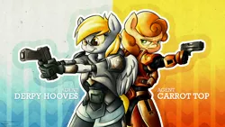 Size: 3840x2160 | Tagged: anthro, armor, artist:tenart, carrot top, derpibooru import, derpy hooves, glock, golden harvest, gun, pistol, safe