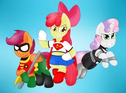 Size: 1700x1250 | Tagged: apple bloom, artist:blackbewhite2k7, cutie mark crusaders, derpibooru import, parody, robin, safe, scootaloo, superfilly, supergirl, superhero, sweetie belle, wonder girl