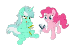 Size: 3200x2000 | Tagged: artist:xonxt, balisong, butterfly knife, derpibooru import, dexterous hooves, lyra heartstrings, pinkie pie, safe, simple background, transparent background