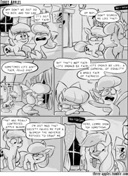 Size: 944x1294 | Tagged: safe, artist:capnpea, derpibooru import, apple bloom, applejack, earth pony, pony, comic:three apples, angry, clubhouse, comic, crusaders clubhouse, duo, duo female, female, filly, mare, monochrome, night, prone