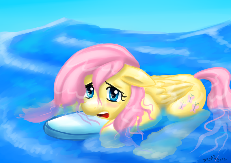 Size: 1700x1200 | Tagged: artist:benjik, floppy ears, fluttershy, safe, scared, solo, surfboard, water