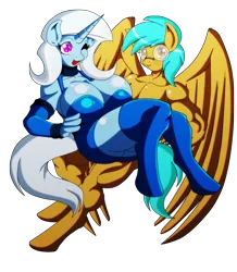 Size: 2267x2596 | Tagged: suggestive, artist:animewave, derpibooru import, trixie, oc, oc:cloud tumble, anthro, big breasts, breasts, busty trixie, canon x oc, female, muscles, trixietumble, wink