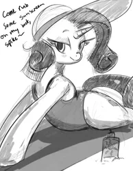 Size: 1260x1620 | Tagged: safe, artist:dovne, derpibooru import, rarity, pony, unicorn, clothes, female, hat, implied spike, lidded eyes, mare, monochrome, one-piece swimsuit, sketch, solo, sun hat, swimsuit