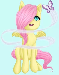 Size: 791x1011 | Tagged: dead source, safe, artist:thesuzucorn, derpibooru import, fluttershy, butterfly, chest fluff, cute, filly, fluffy, solo, spread wings, younger